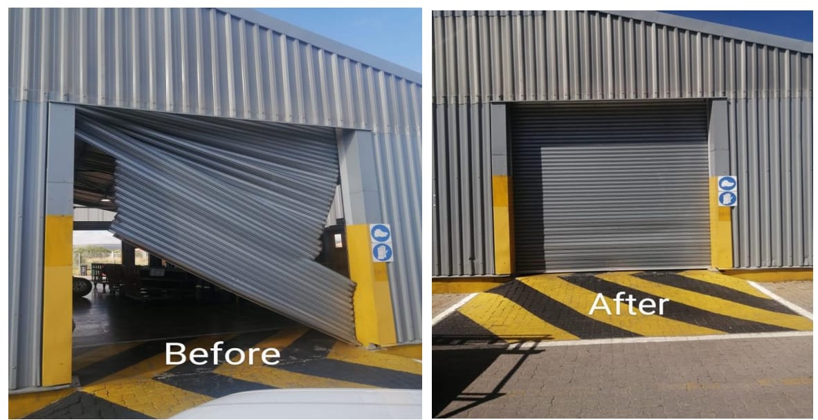 Industrial roller shutter before and after repair by Empire Doors