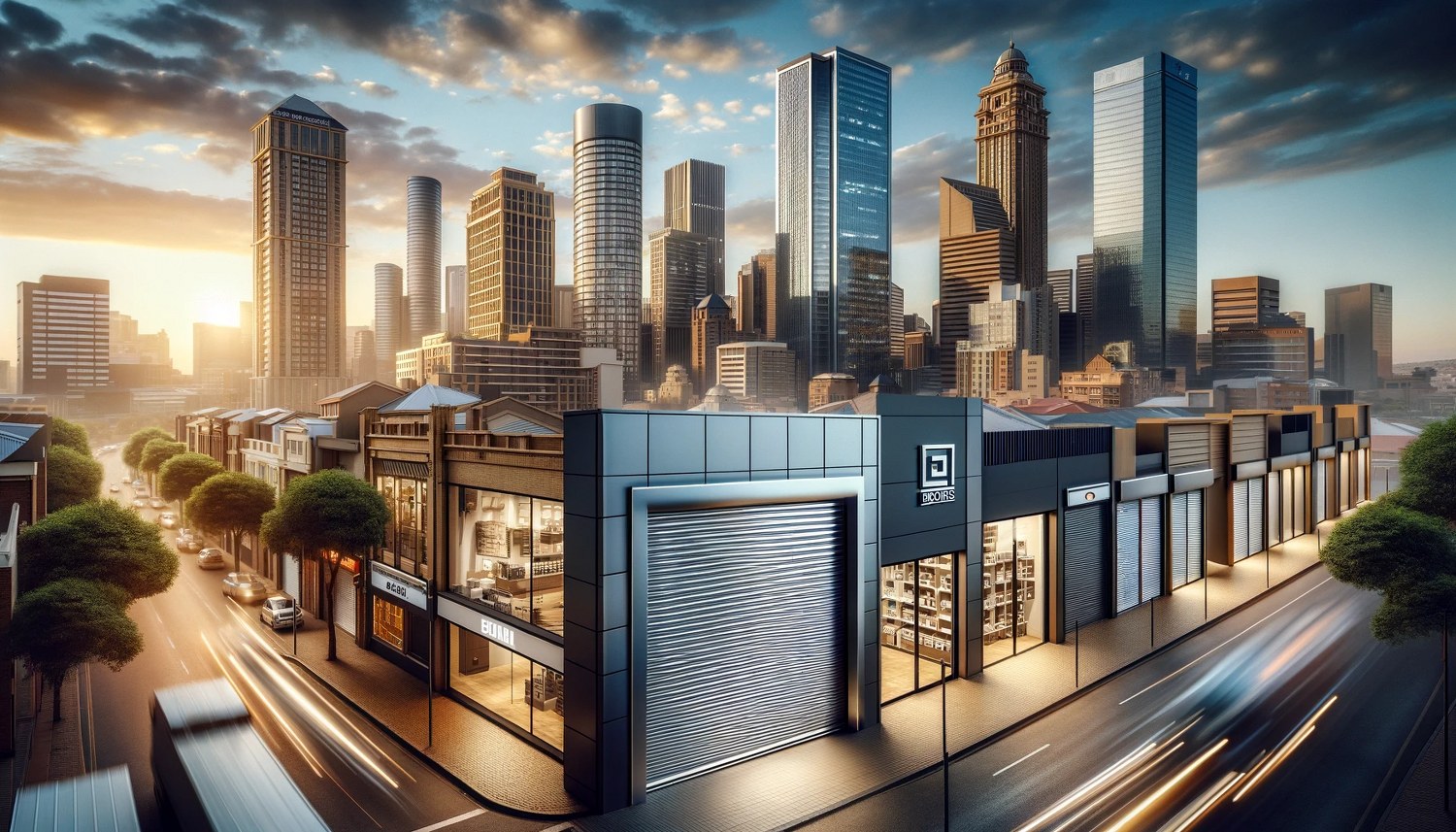 Johannesburg cityscape at sunset with modern buildings and roller shutter doors featuring the Empire Doors logo, symbolizing security and style in urban South Africa.