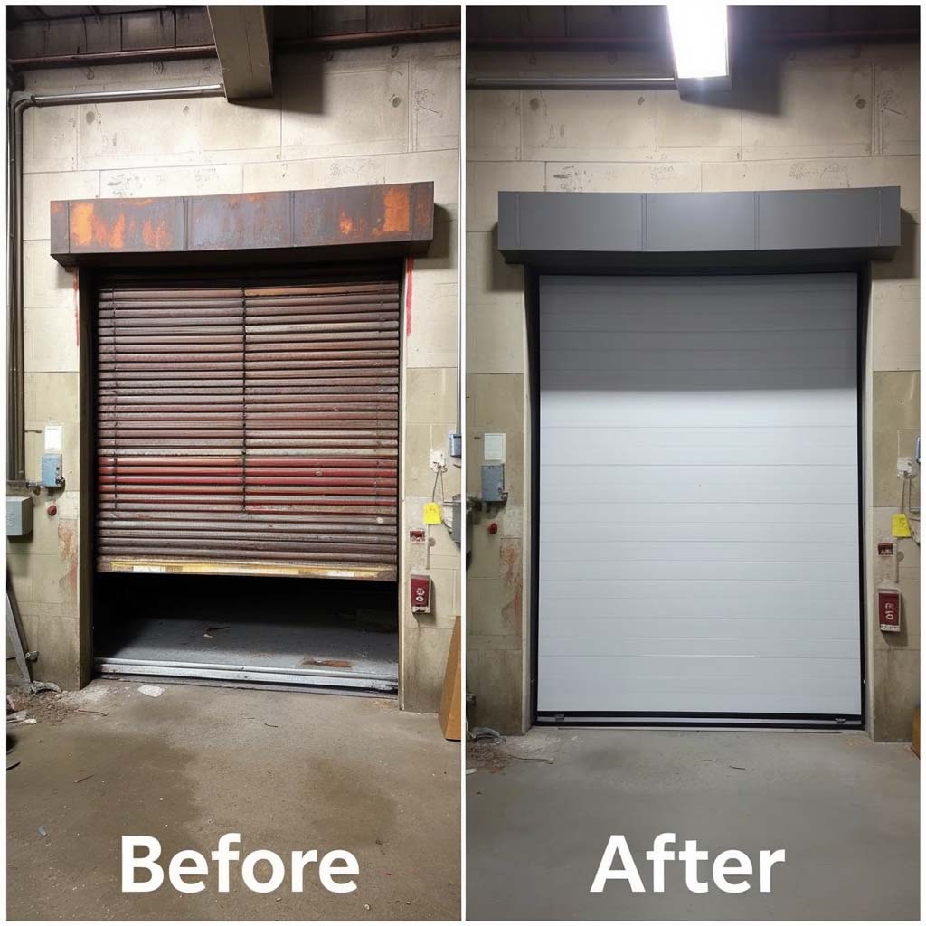 Before and after images of a roller shutter door repair, showcasing the transformation from a damaged, non-functional shutter to a fully restored and operational door by Empire Doors.